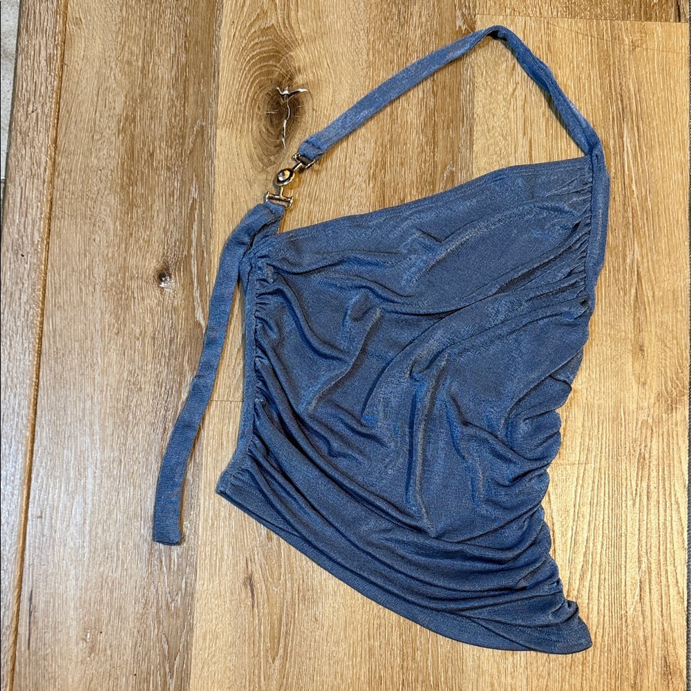 Blue One-Shoulder Ruched Top